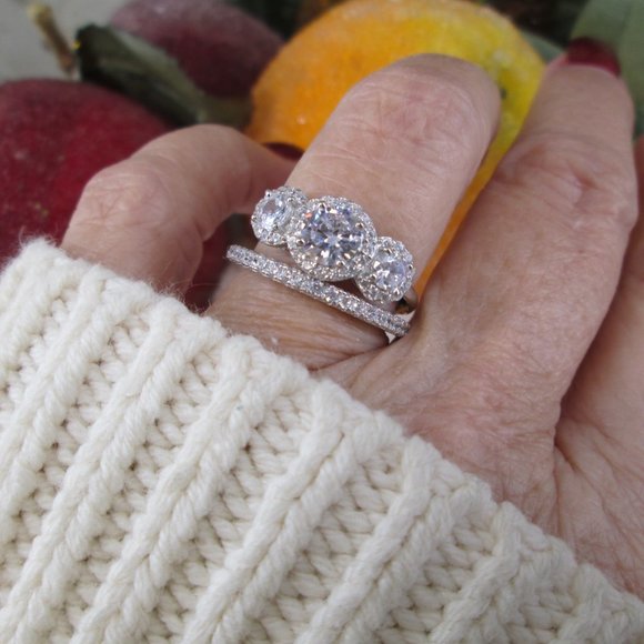 Brilliant Cut Simulated Diamond 3 Stone Sterling Ring>Halo set,CZ Wedding Band - Picture 2 of 5